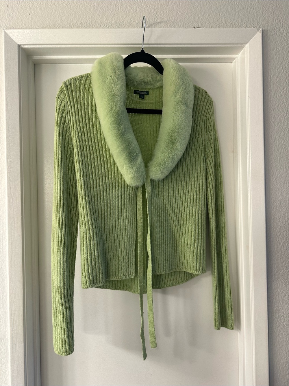 wild fable Light Green Ribbed Cardigan with Faux Fur Collar